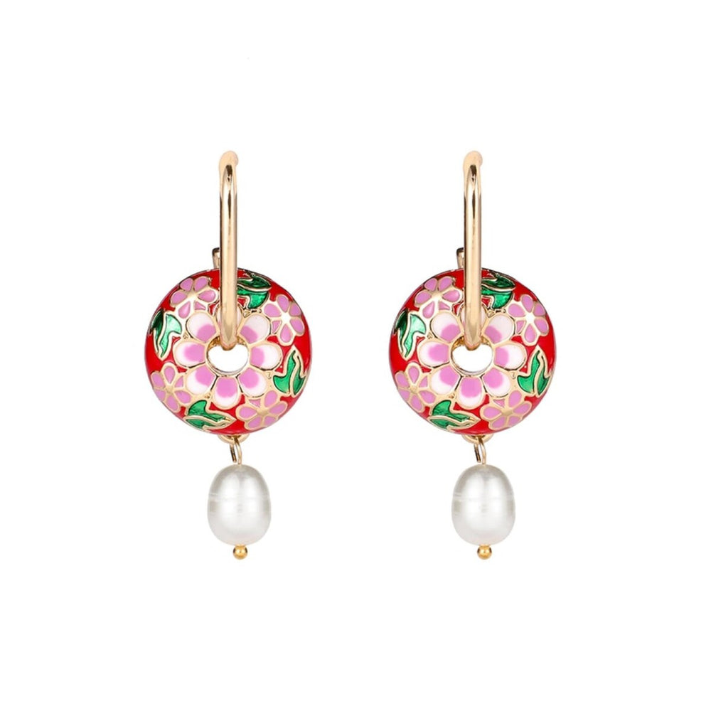 Red Floral Imitation Pearl Drop Earrings