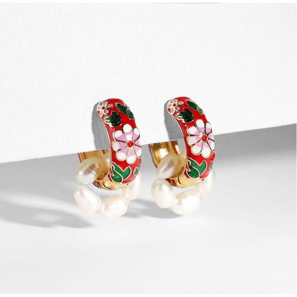 Red Goldtone Floral Huggie Earrings With Imitation Pearl