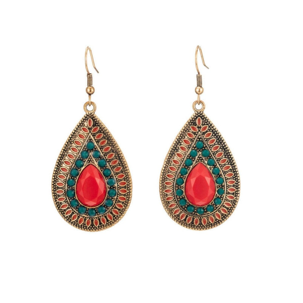 Red Green Beaded Teardrop Drop Earrings