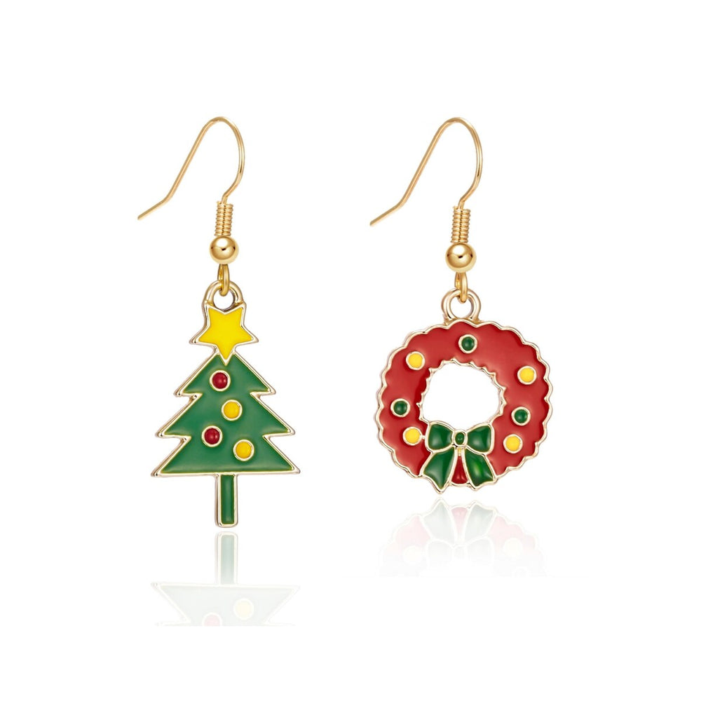 Red Green Wreath And Christmas Tree Mismatched Drop Earrings