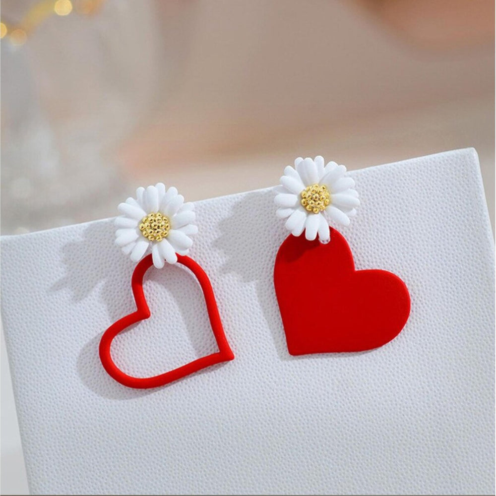 Red Heart Daisy Asymmetrical Drop Earrings