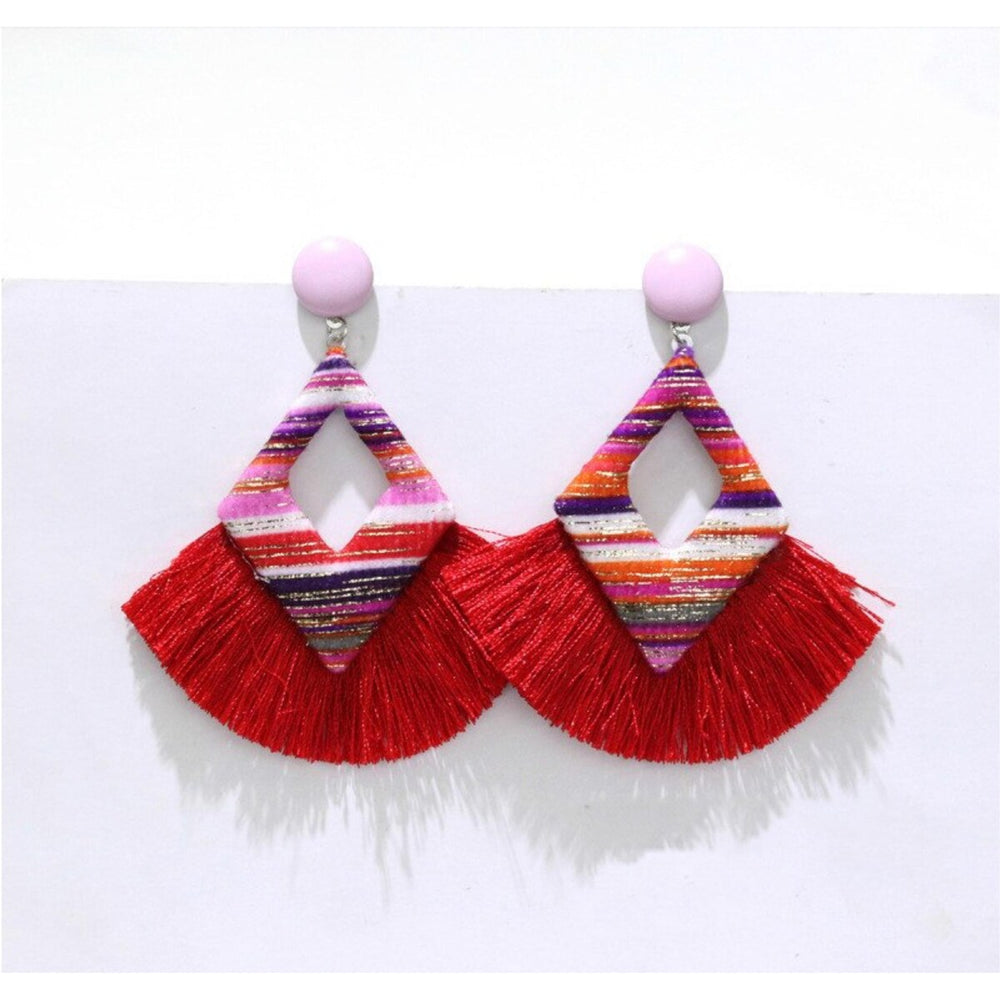 Red Pink Striped Tasseled Diamond Shaped Drop Earrings