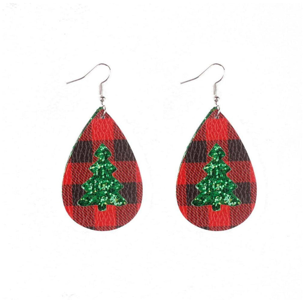 Red Plaid & Glittering Christmas Tree Teardrop Drop Earrings