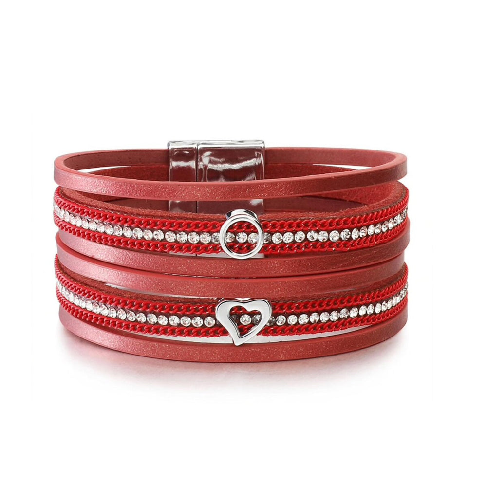 Red Silvertone Heart Faux Leather Bracelet