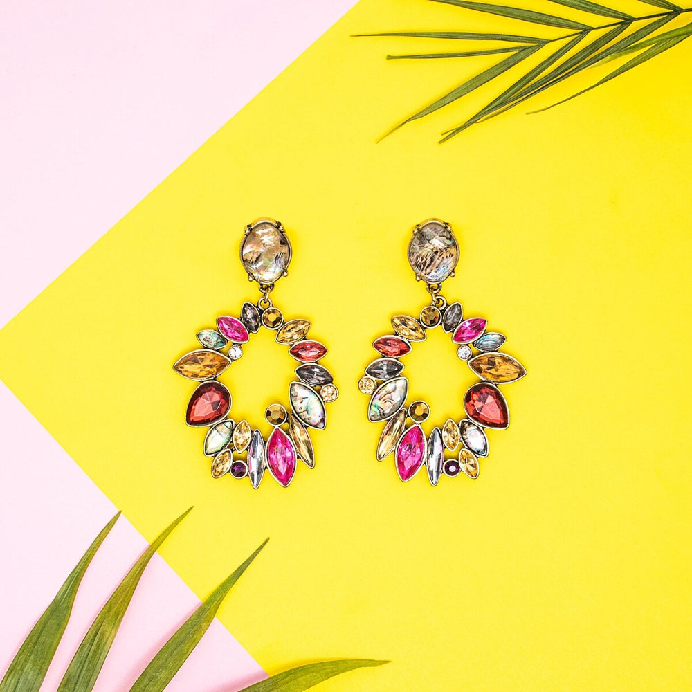 Red Yellow Crystal Wreath Drop Earrings