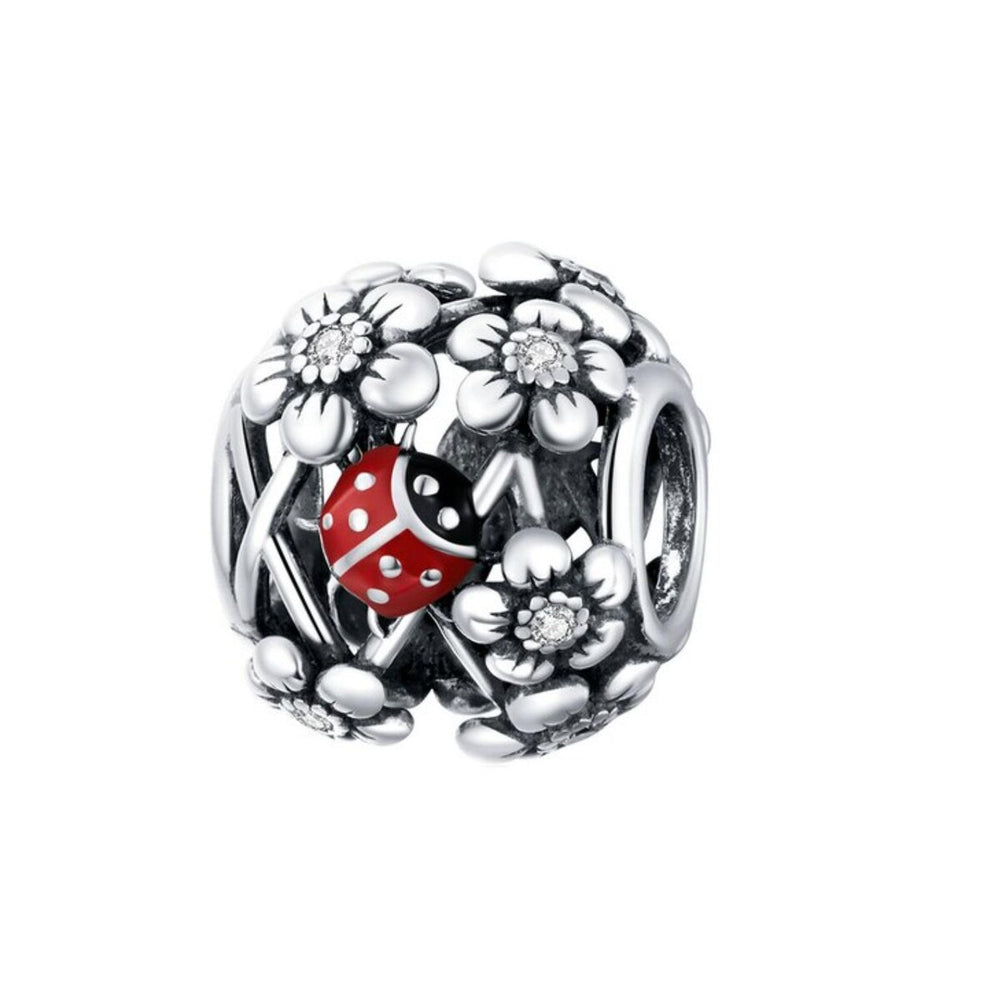 Red & Sterling Silver Cubic Zirconia-Accent Ladybug & Flower Charm