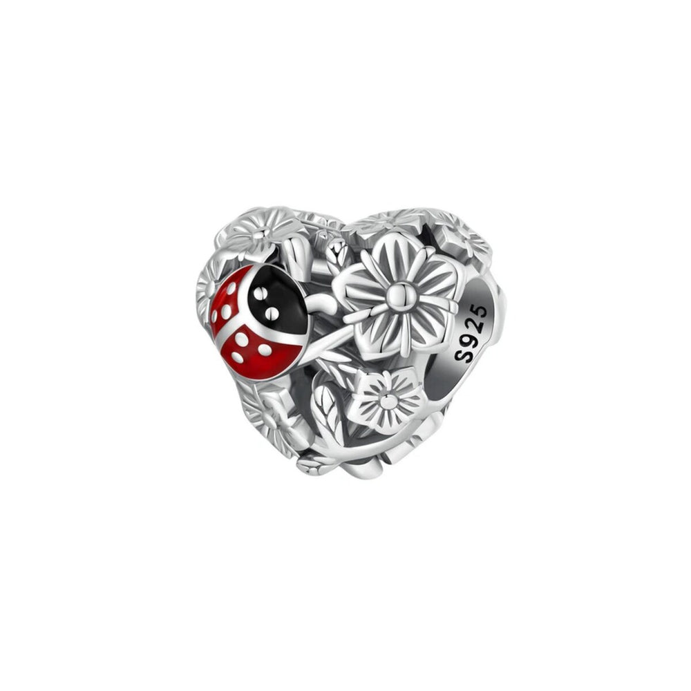 Red & Sterling Silver Heart Ladybug & Leaves Charm