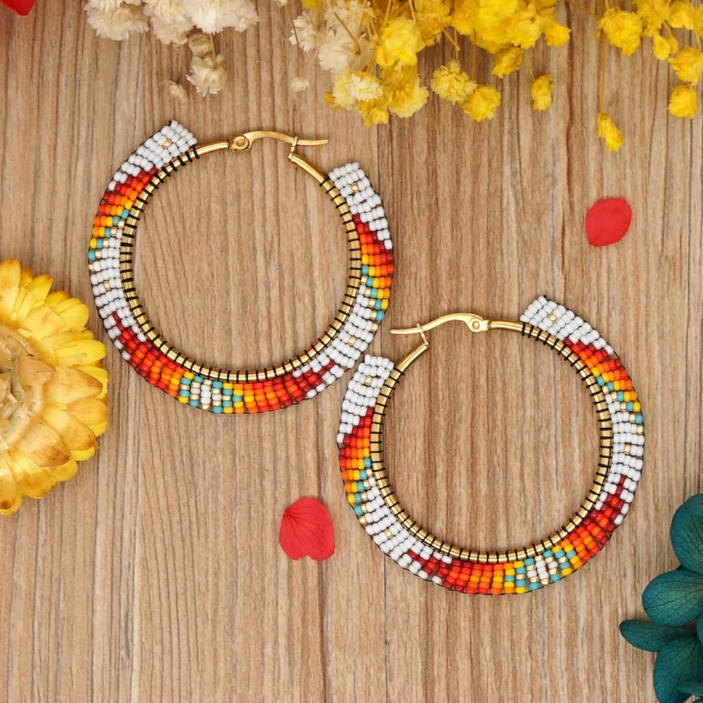 Red & White Miyuki Seed Bead Hoop Earrings