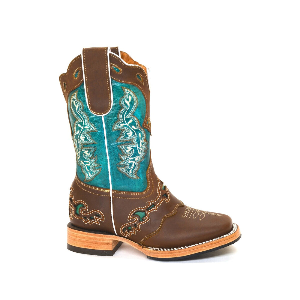 RedHawk Boot Co. Kids Wide Square Toe Cowgirl Boots in Turquoise/Brown