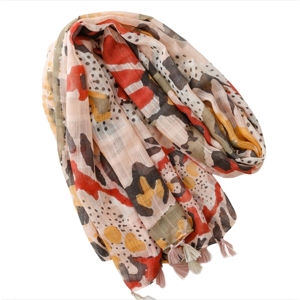 Red, Brown and Mustard Floral Scarf with Tassels