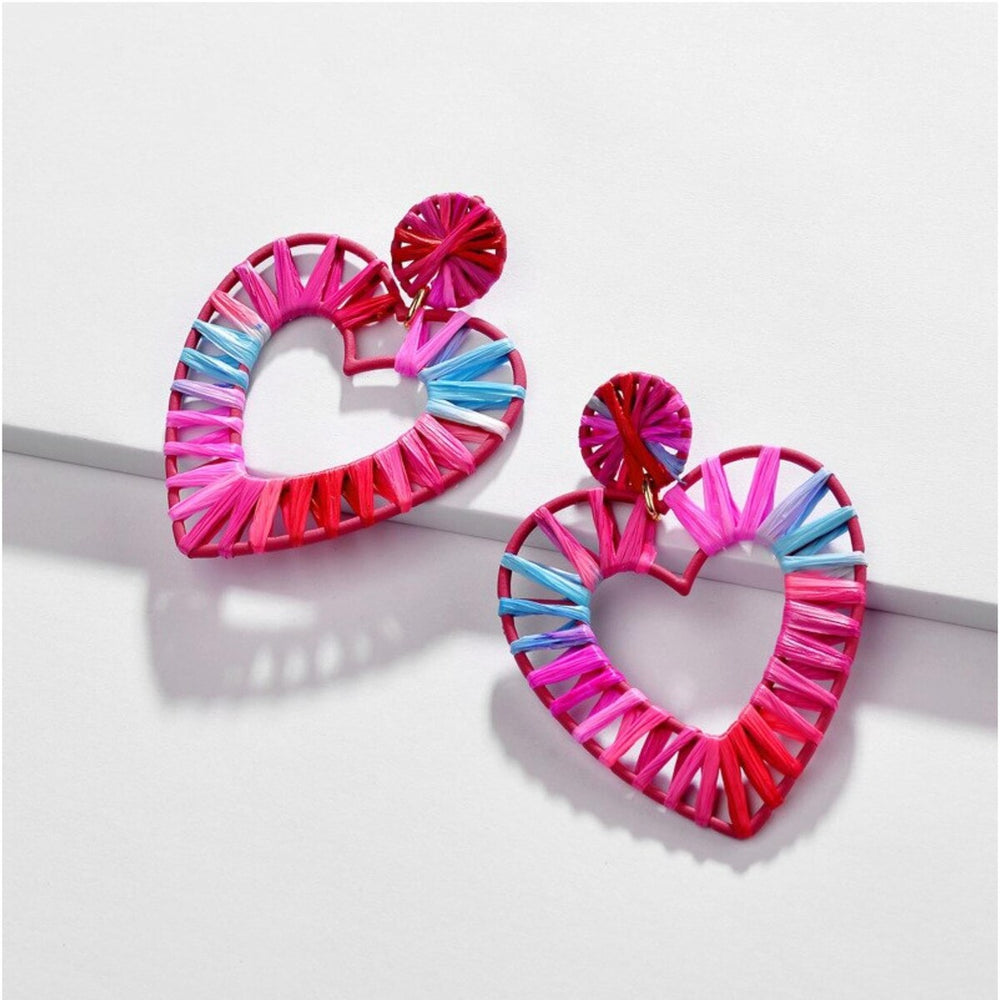 Red, Pink Blue Rattan Heart Statement Earrings