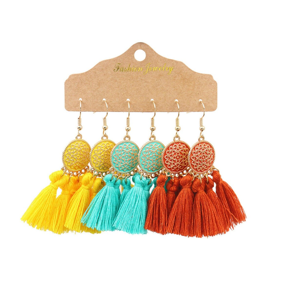 Red, Teal Yellow Boho Tassel Drop Set Of 3 Earrings