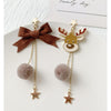 Reindeer & Brown Bow Asymmetrical Chain Pom Pom Drop Earrings