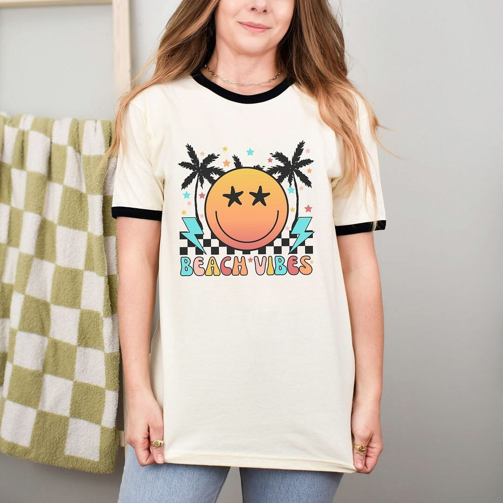 Retro Beach Vibes Checkered Ringer Tee