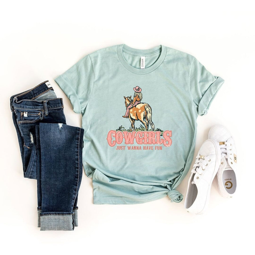 Retro Cowgirls Just Wanna Have Fun Short Sleeve Crewnneck Tee