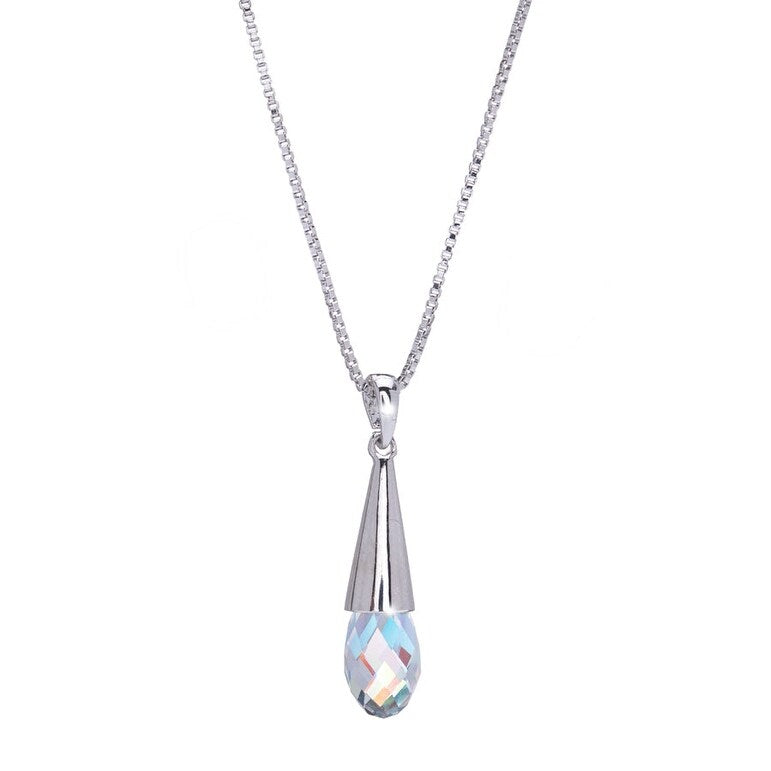 Rhodium Plated AB Briolette Drop Necklace with Swarovski Crystal - White