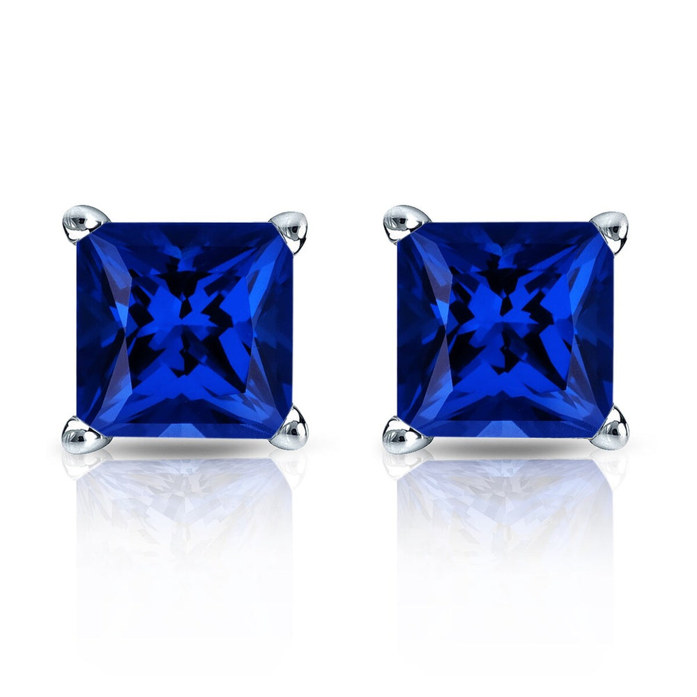 RhythmRocks Sterling Silver Lab Grown Gemstone Princess Blue Sapphire Stud Earrings 2.00 ct. tgw. 4-Prong Push-Back