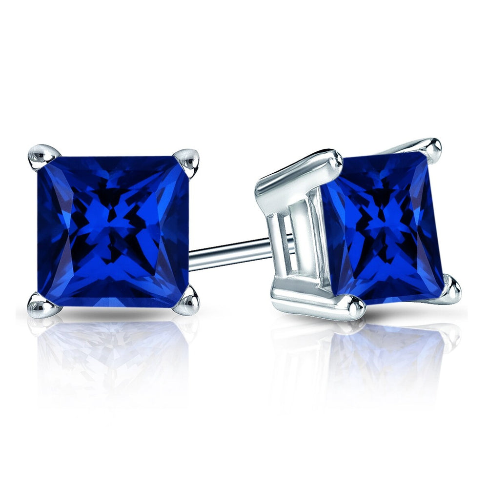 RhythmRocks Sterling Silver Lab Grown Gemstone Princess Blue Sapphire Stud Earrings 2.00 ct. tgw. 4-Prong Push-Back