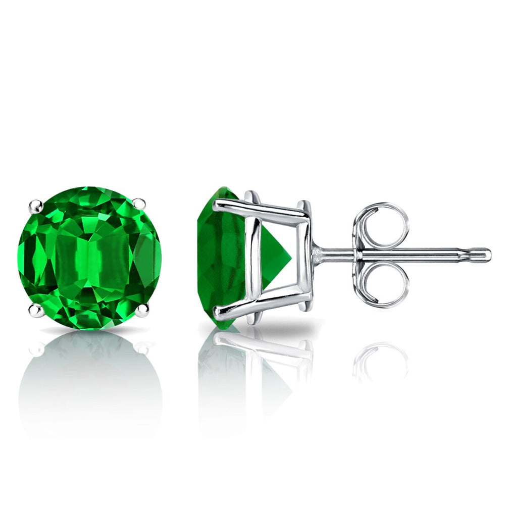 RhythmRocks Sterling Silver Lab Grown Gemstone Round Emerald Stud Earrings 2.00 ct. tgw. 4-Prong Push-Back - Green