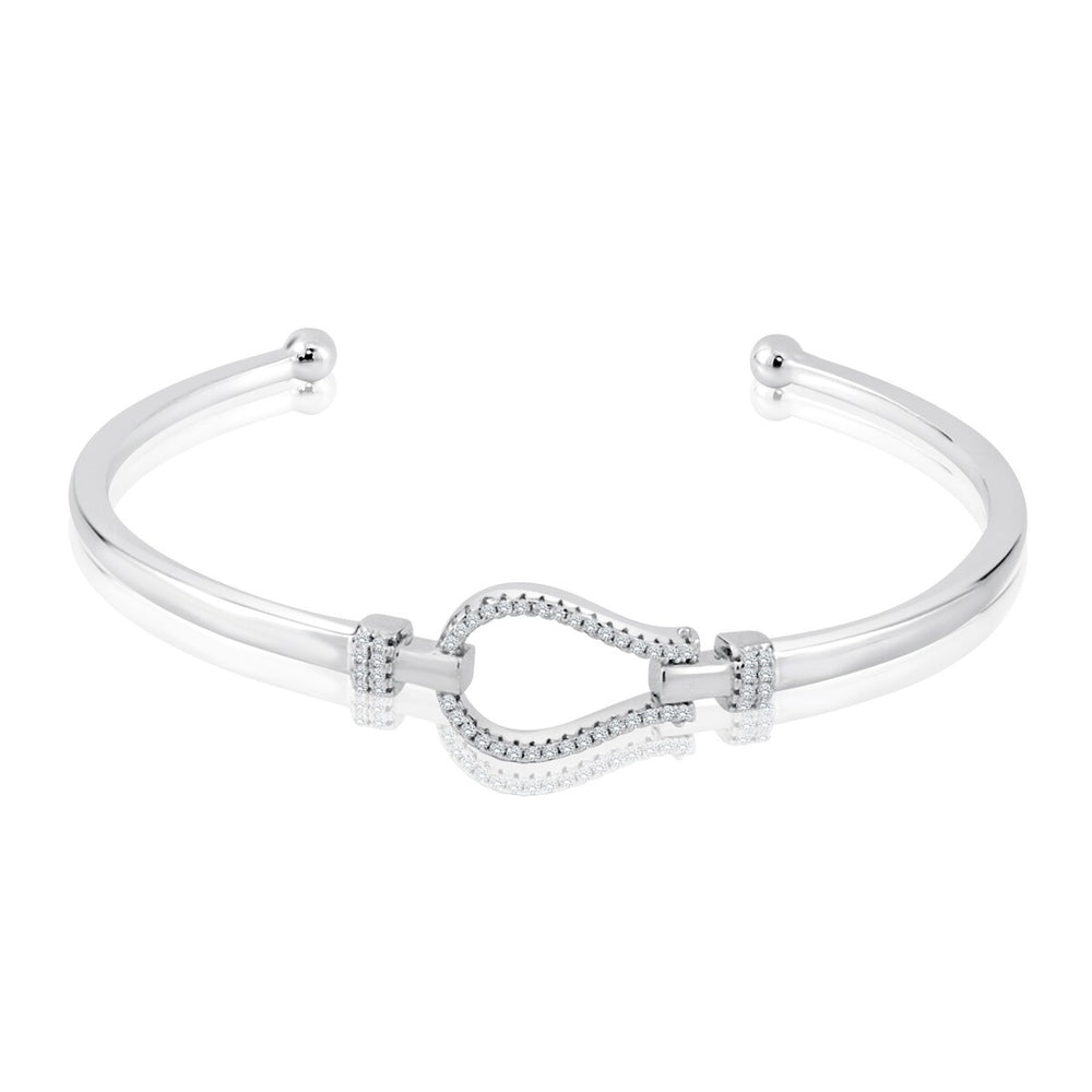 RhythmRocks Sterling Silver Round Diamond Simulant CZ Hook Bangle Bracelet (AAA Quality)