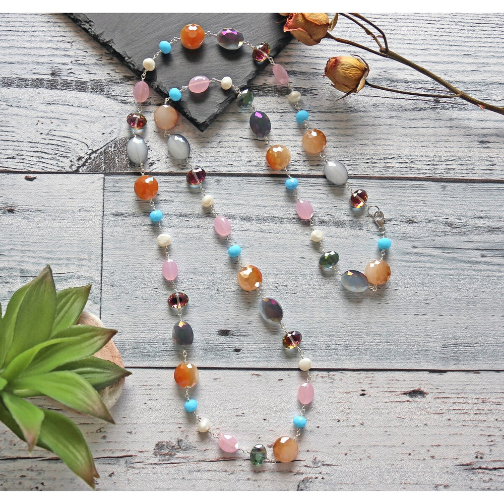 Rosary Style Multi-color Crystal and Cultured Pearl Necklace.