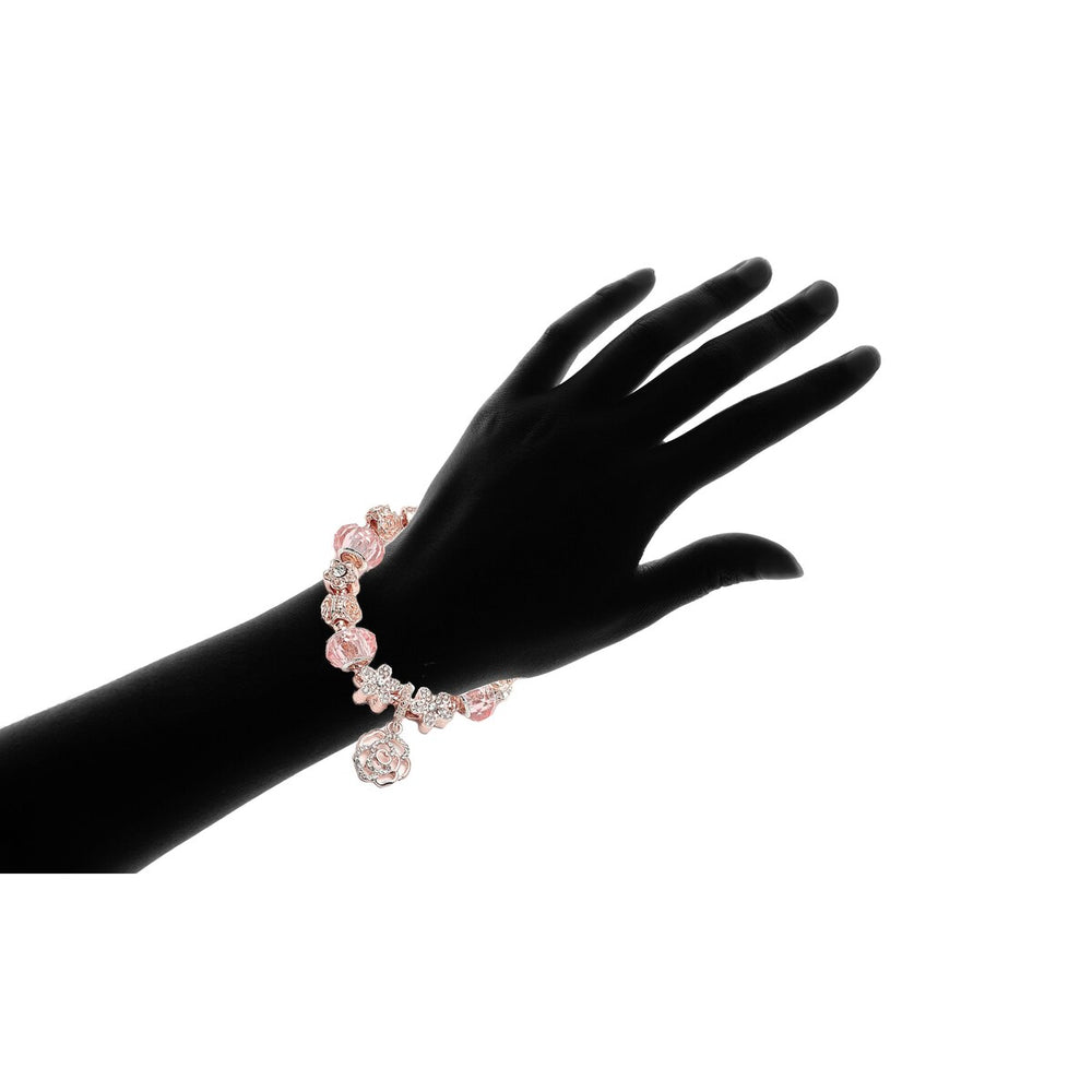 Rose Gold Plated Pink Crystal CZ Flower Charm Beaded Bracelet - Rose Gold