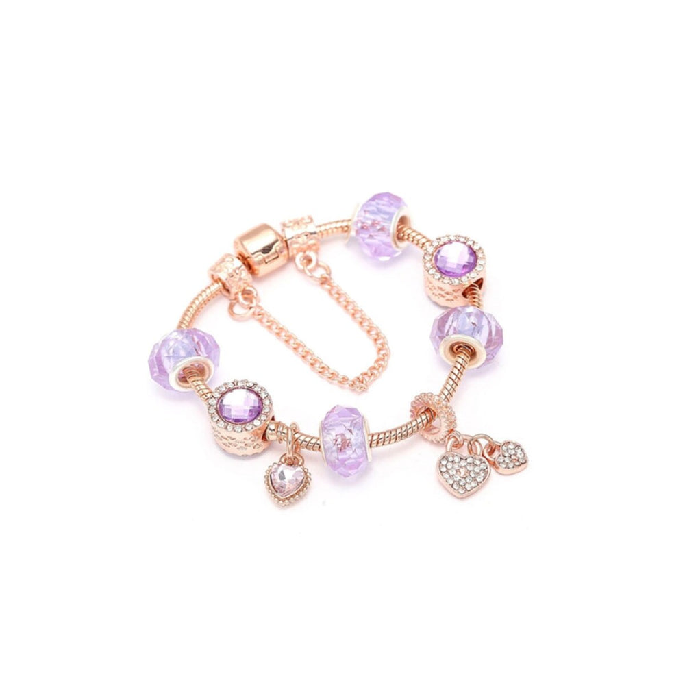 Rose Gold Plated Pink Crystal Heart CZ Charm Beaded Bracelet - Rose Gold