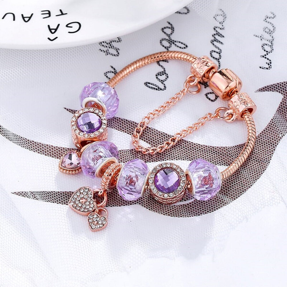 Rose Gold Plated Pink Crystal Heart CZ Charm Beaded Bracelet - Rose Gold