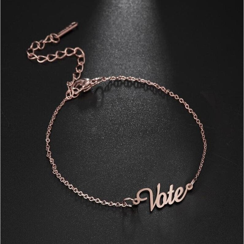 Rose Gold plated Stainless Steel Vote Script Bracelet