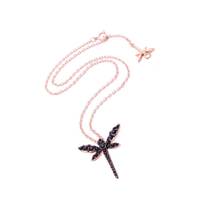 Rose Goldtone Black Crystal Dragonfly Pendant Necklace - White