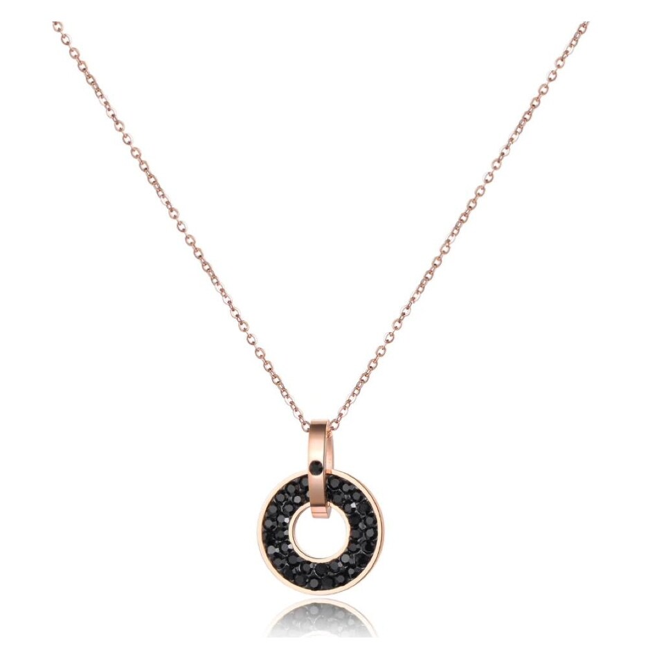 Rose Goldtone Black Cubic Zirconia Open Circle Pendant Necklace - White