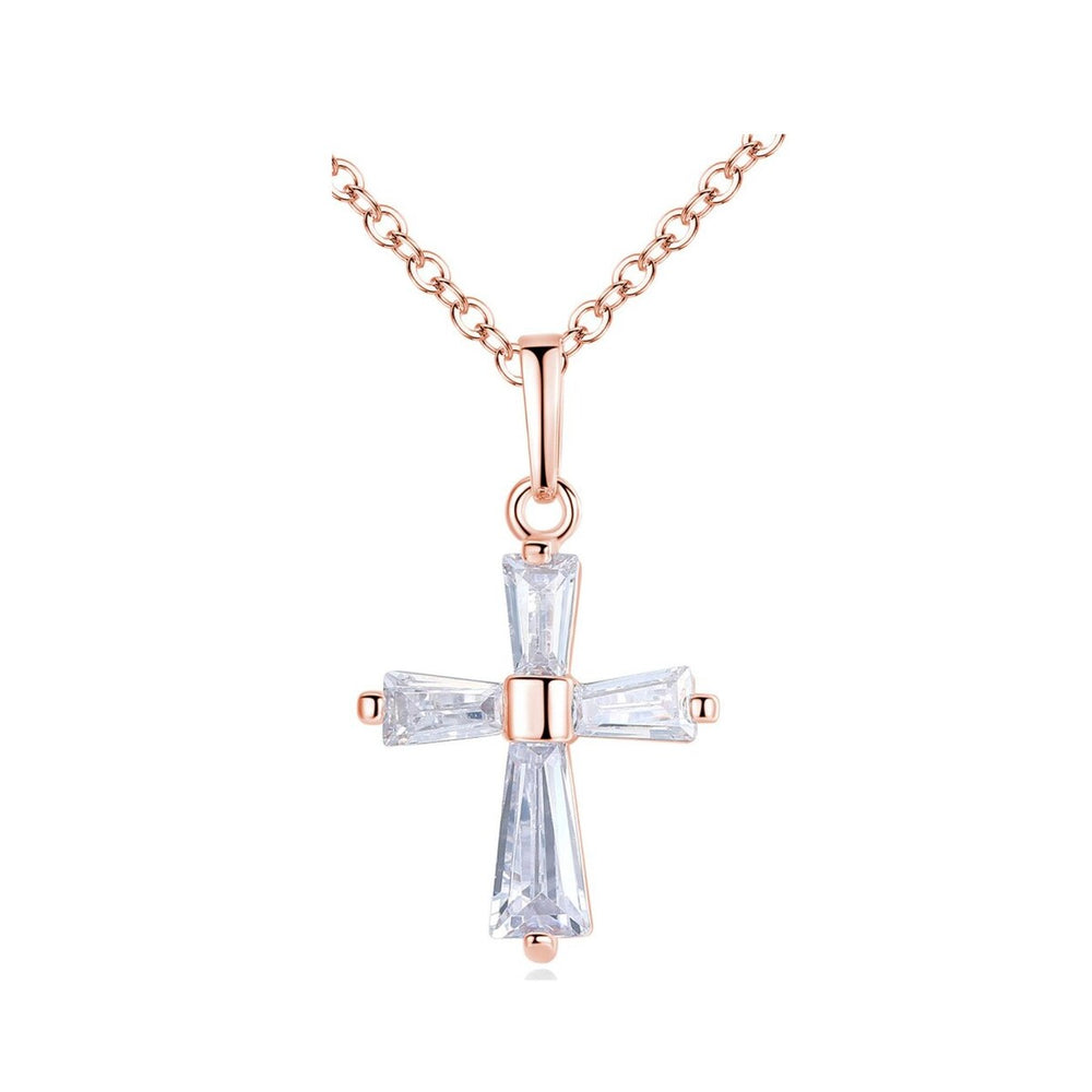 Rose Goldtone Clear Cubic Zirconia Cross Pendant Necklace - White