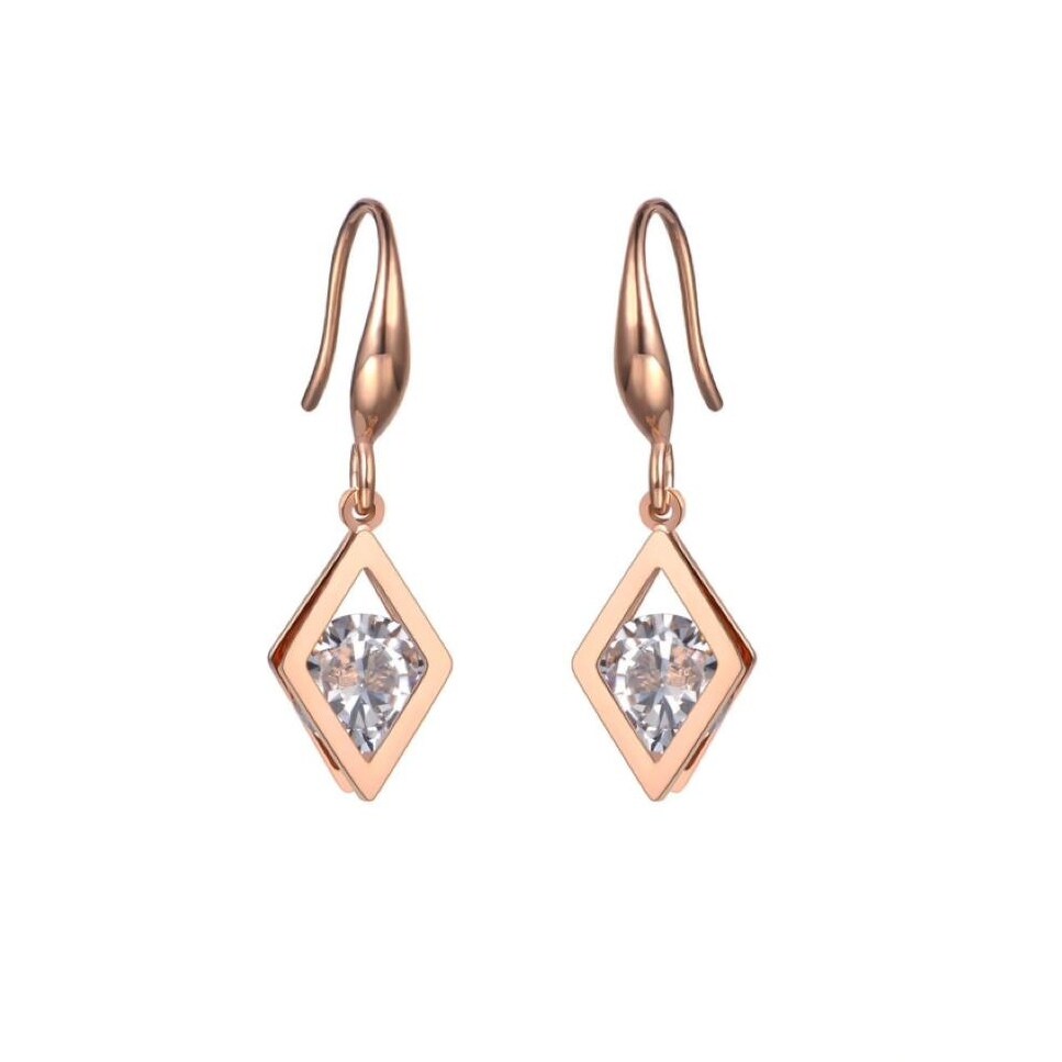 Rose Goldtone Clear Cubic Zirconia Diamond Shaped Drop Earrings