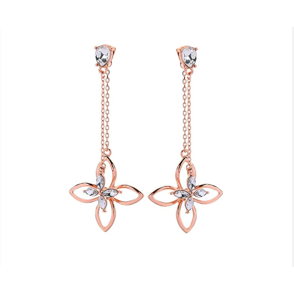 Rose Goldtone Clear Cubic Zirconia Dual Flower Chain Drop Earrings