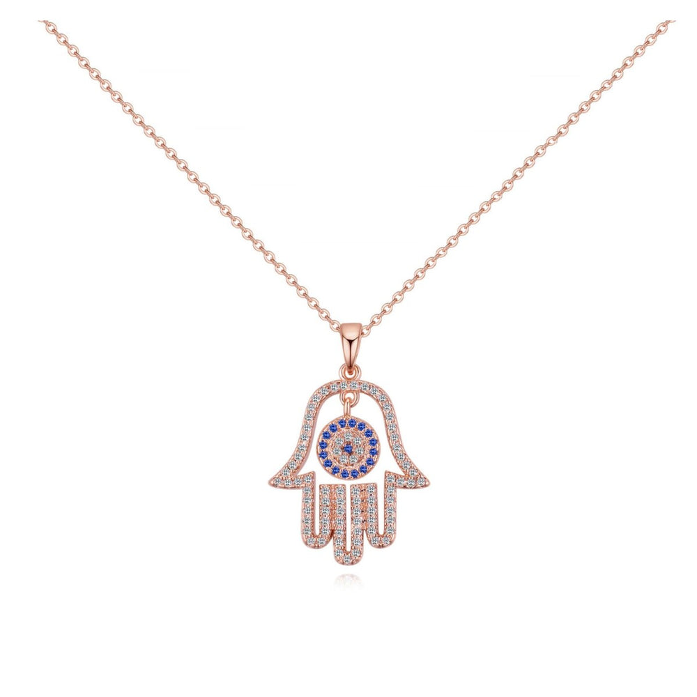 Rose Goldtone Clear Sapphire Cubic Zirconia Hamsa Pendant Necklace - White