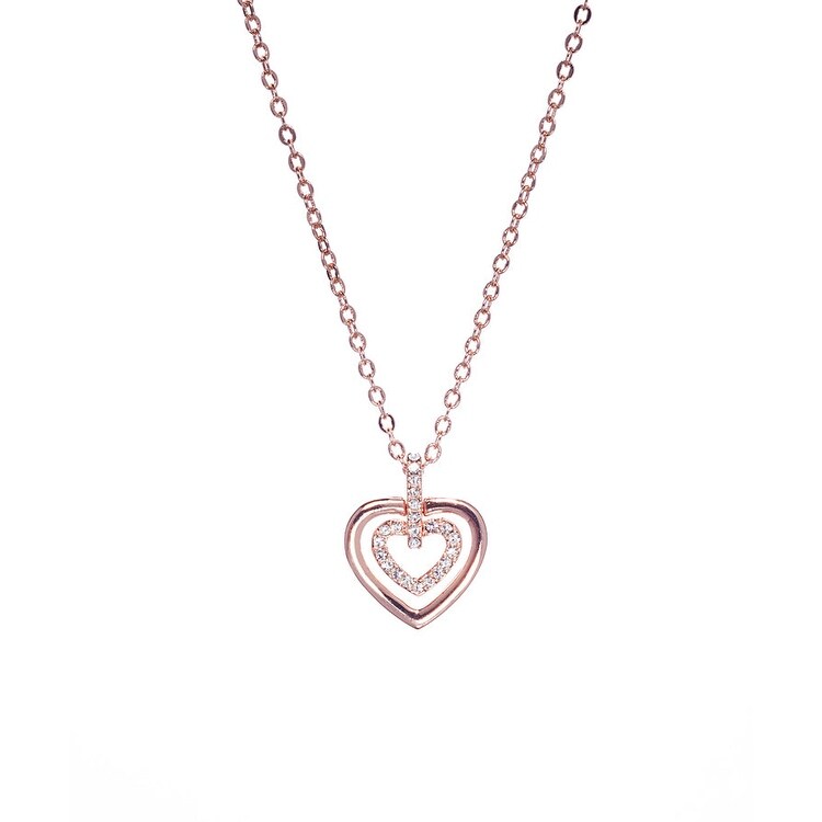 Rose Goldtone Clear Swarovski Crystal Double Heart Pendant Necklace - White