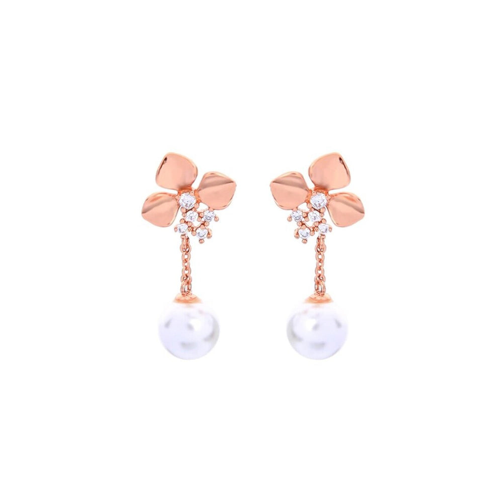 Rose Goldtone Crystal Imitation Pearl Floral Earrings