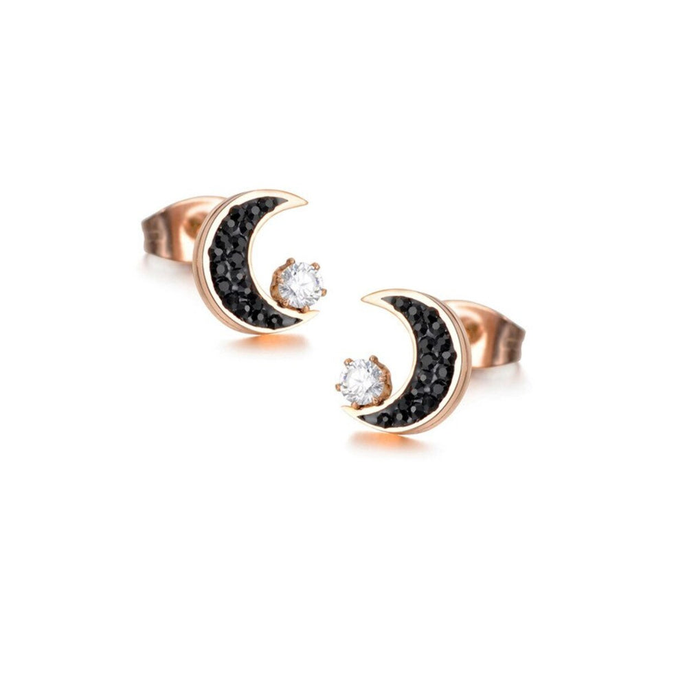 Rose Goldtone Cubic Zirconia Black Crescent Moon Stud Earrings