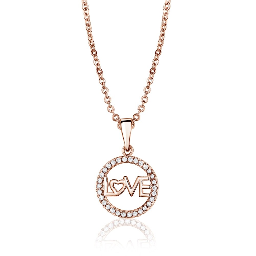 Rose Goldtone Cubic Zirconia Circular Love Pendant Necklace - White