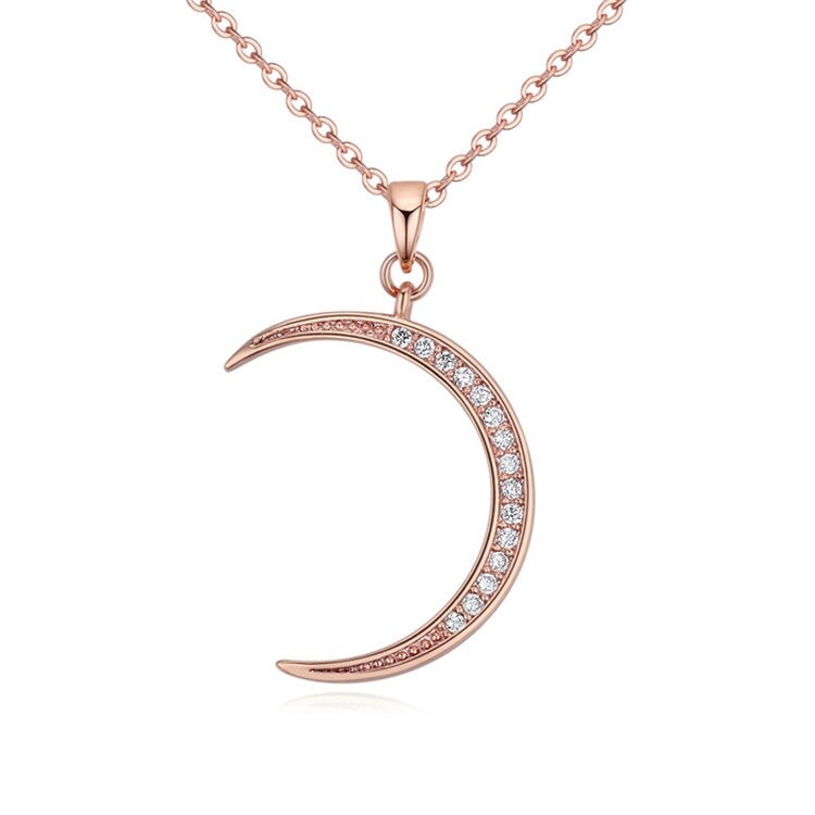 Rose Goldtone Cubic Zirconia Crescent Moon Pendant Necklace - White