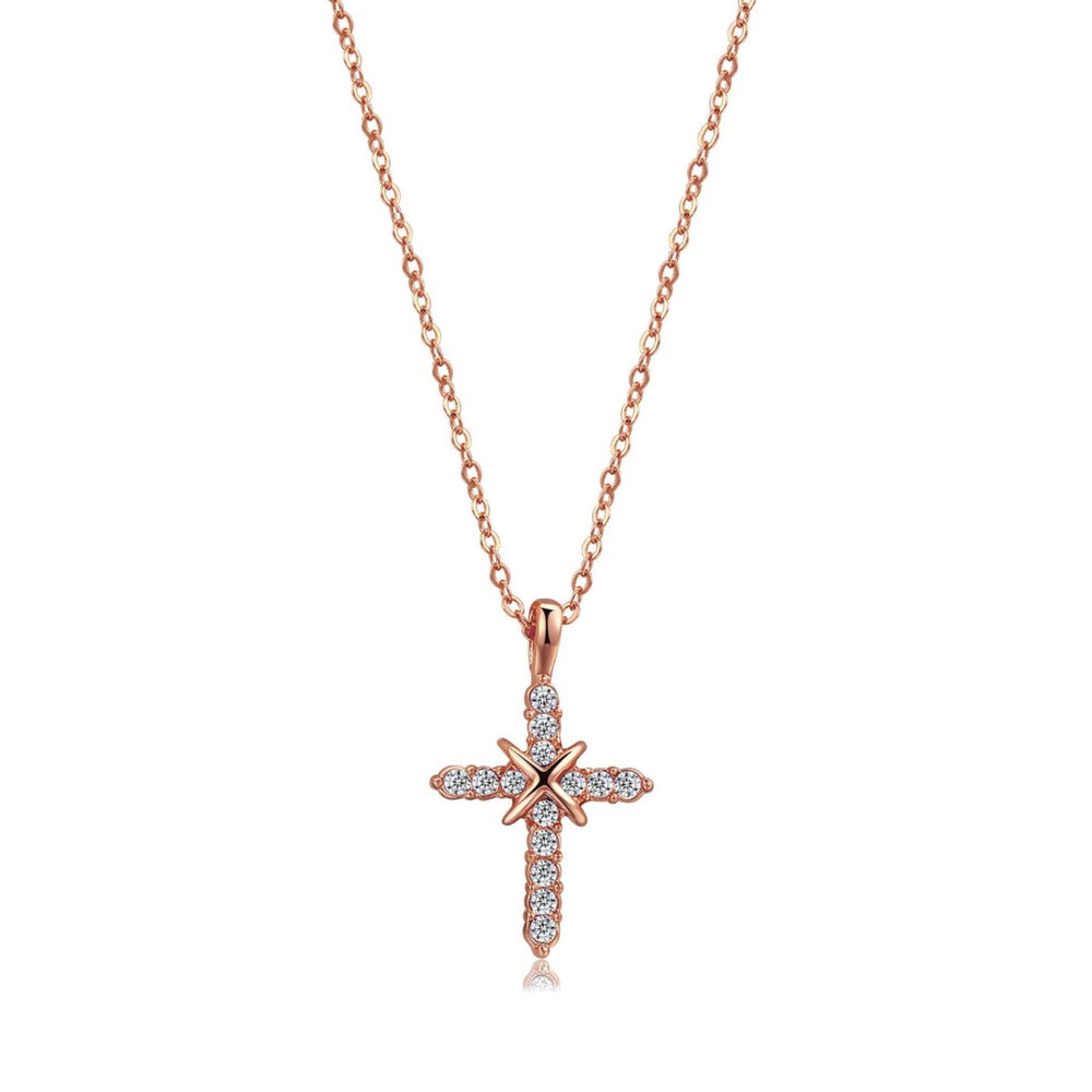 Rose Goldtone Cubic Zirconia Cross Pendant Necklace - White