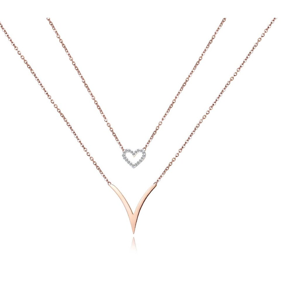 Rose Goldtone Cubic Zirconia Heart And Chevron Layered Necklace - White