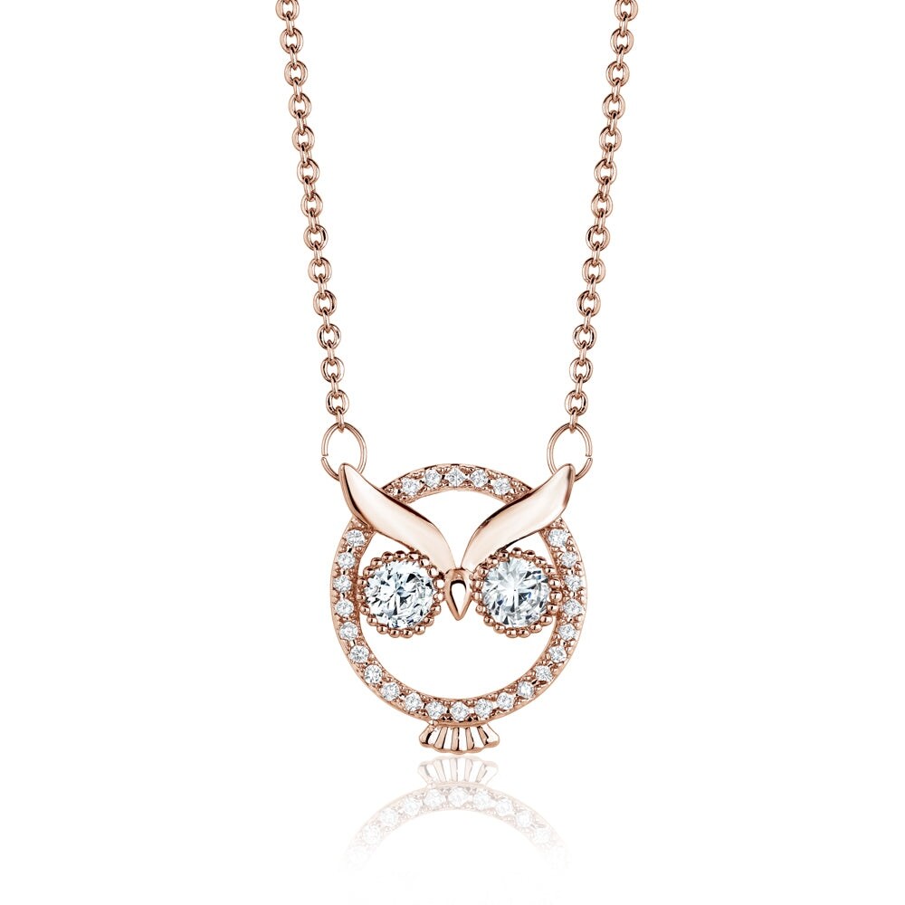 Rose Goldtone Cubic Zirconia Owl Pendant Necklace - White