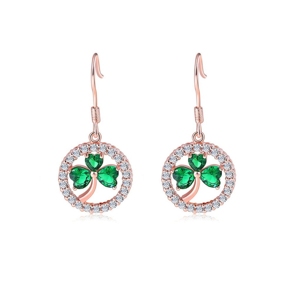 Rose Goldtone Green Cubic Zirconia Clover Drop Earrings