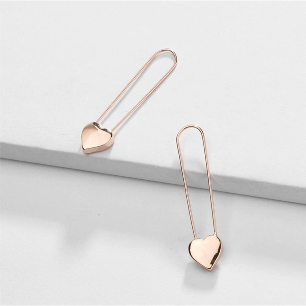 Rose Goldtone Heart Safety Pin Earrings