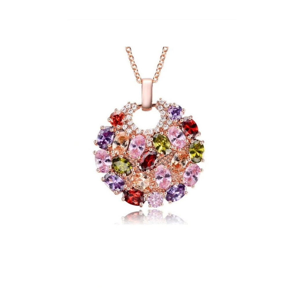 Rose Goldtone Multi Colored Cubic Zirconia Circular Pendant Necklace - White