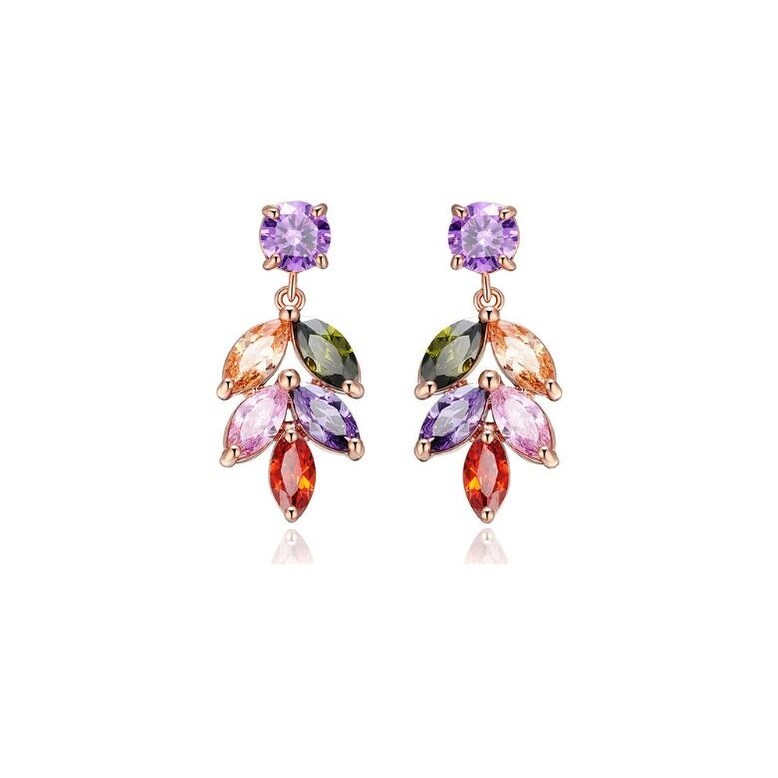 Rose Goldtone Multi Colored Cubic Zirconia Leaf Drop Earrings