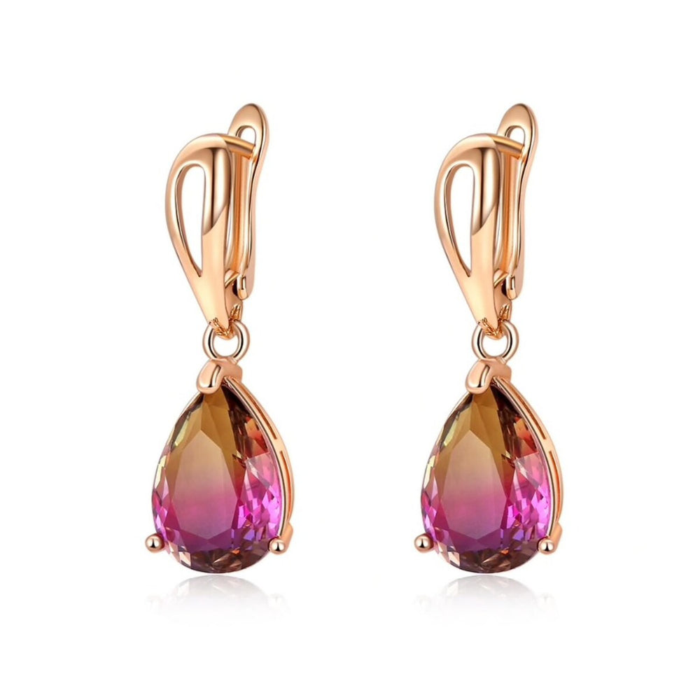 Rose Goldtone Pink And Yellow Cubic Zirconia Teardrop Earrings