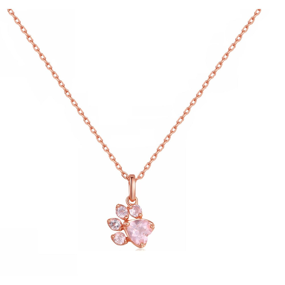 Rose Goldtone Pink Cubic Zirconia Paw Print Necklace - White