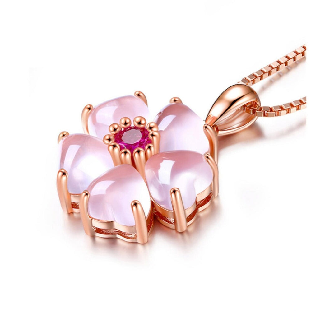 Rose Goldtone Pink Flower Cubic Zirconia Pendant Necklace - White